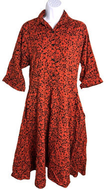 Vtg The American Shirt Dress 9/10 orange black ditsy floral midi A-line Retro